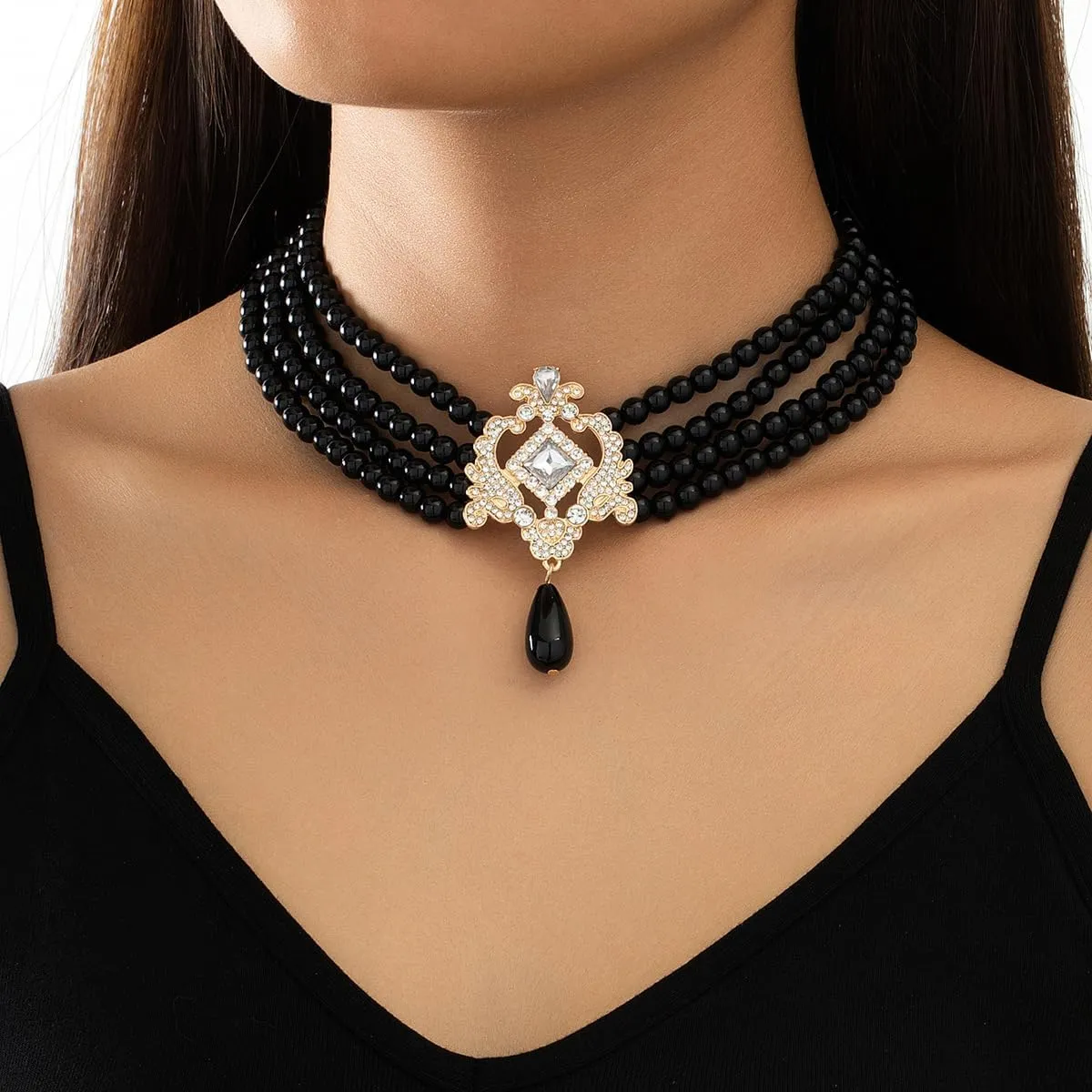 Bethynas Boho Layered Pearl Rhinestones Choker Necklace Vintage Chunky Pearl Crystal Pendant Short Necklace Chain Bridal Prom 1920s Costume Party Jewelry for Women