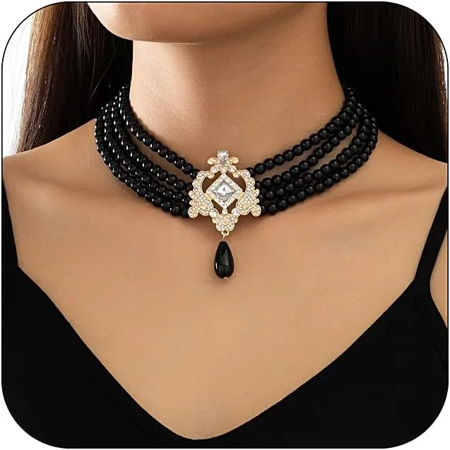 Bethynas Boho Layered Pearl Rhinestones Choker Necklace Vintage Chunky Pearl Crystal Pendant Short Necklace Chain Bridal Prom 1920s Costume Party Jewelry for Women