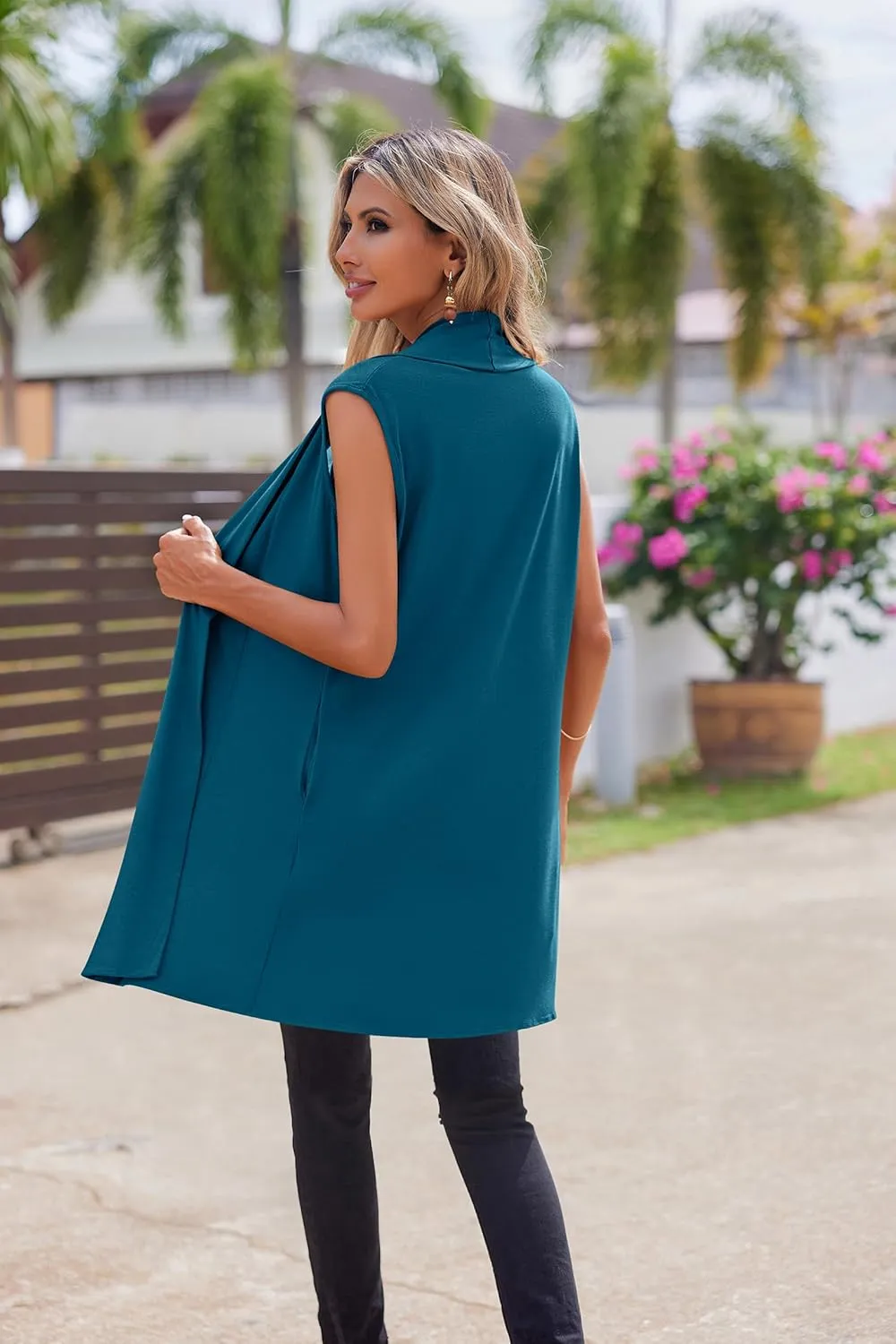 Beyove Womens Long Vests Sleeveless Draped Lightweight Open Front Cardigan Layering Vest with Side Pockets