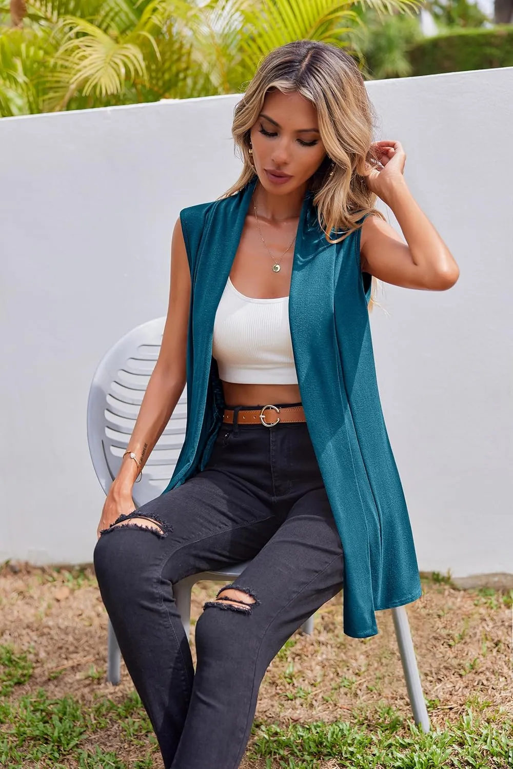 Beyove Womens Long Vests Sleeveless Draped Lightweight Open Front Cardigan Layering Vest with Side Pockets
