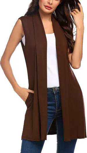 Beyove Womens Long Vests Sleeveless Draped Lightweight Open Front Cardigan Layering Vest with Side Pockets