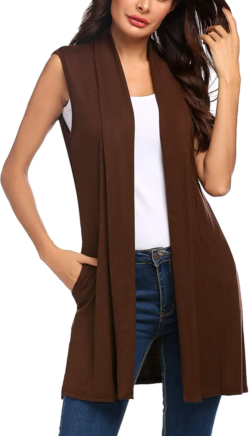 Beyove Womens Long Vests Sleeveless Draped Lightweight Open Front Cardigan Layering Vest with Side Pockets