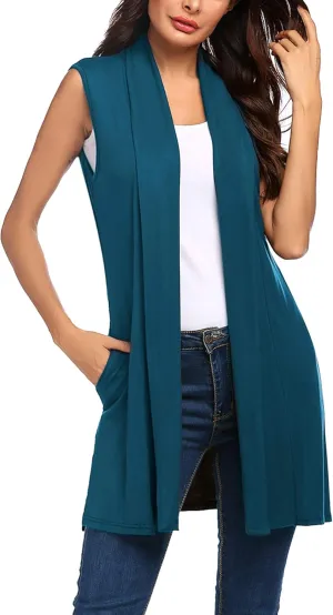 Beyove Womens Long Vests Sleeveless Draped Lightweight Open Front Cardigan Layering Vest with Side Pockets