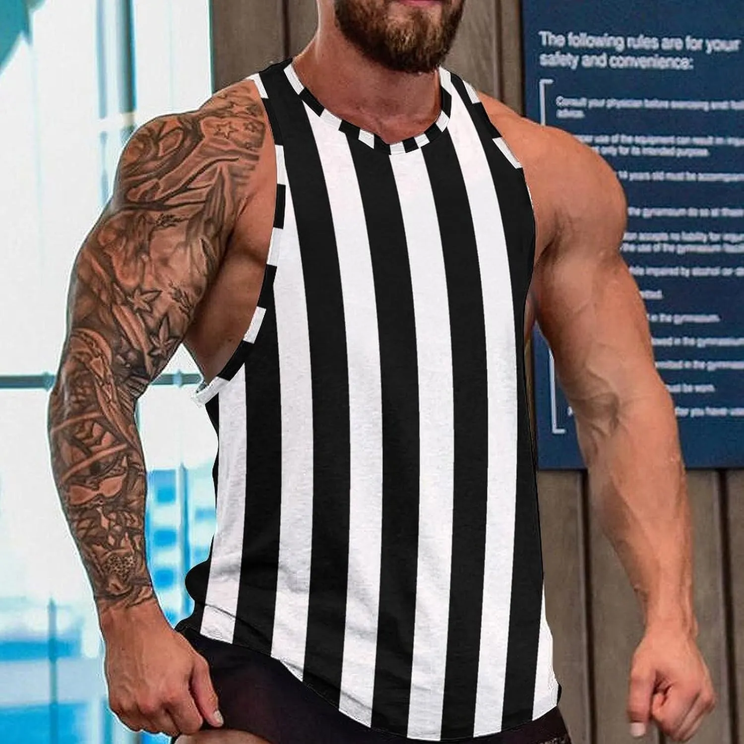 Black And White Cool Stripe Men's Tank Top Casual Sleeveless Muscle Shirts Gym Vest Sportswear for Indoor Outdoor