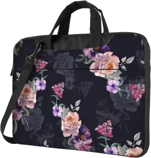 Black Floral Vintage Boho Flower Waterproof 13-15.6 Inch Laptop Bag For Man And Women, Computer Messenger Bag, Trendy Shoulder Strap Design
