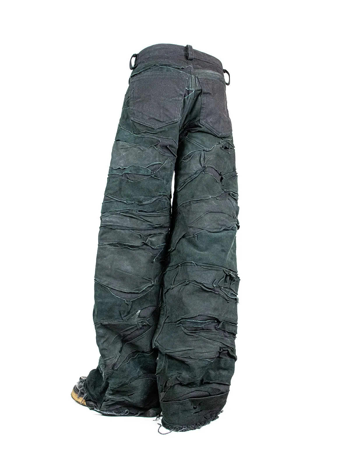 BLACK LAYERED LEATHER DENIM BAGGY