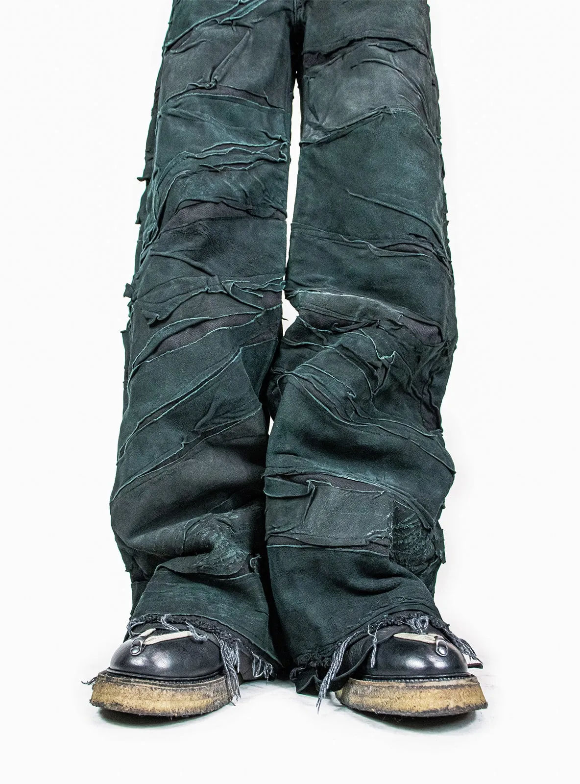 BLACK LAYERED LEATHER DENIM BAGGY