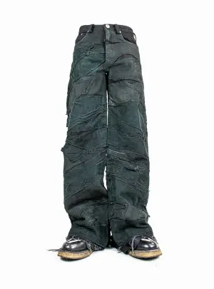 BLACK LAYERED LEATHER DENIM BAGGY