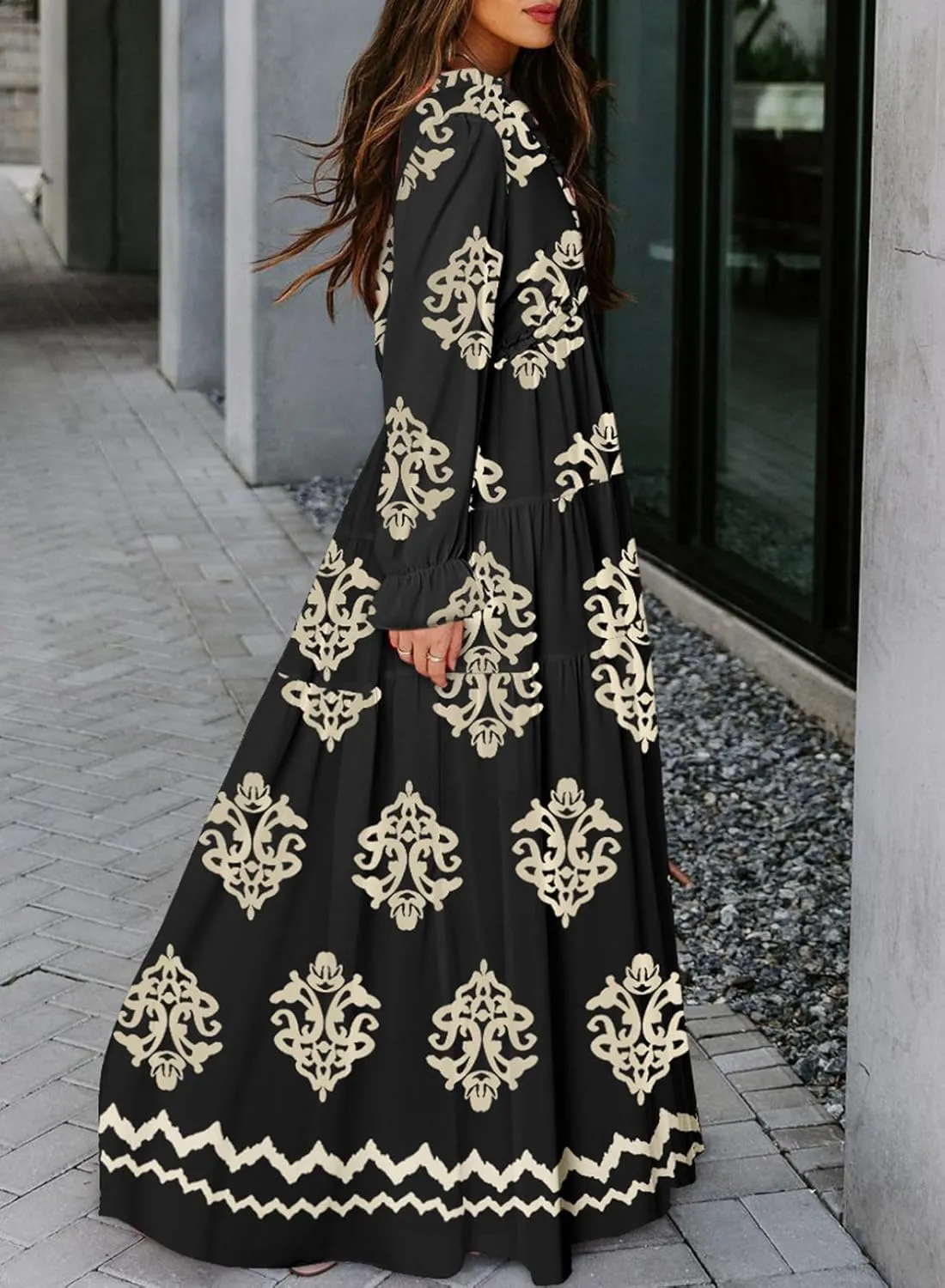 BLENCOT Womens Casual Boho Deep V Neck Short Sleeve Long Dress