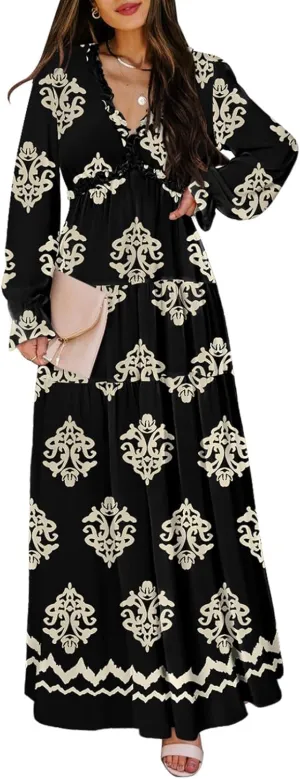 BLENCOT Womens Casual Boho Deep V Neck Short Sleeve Long Dress