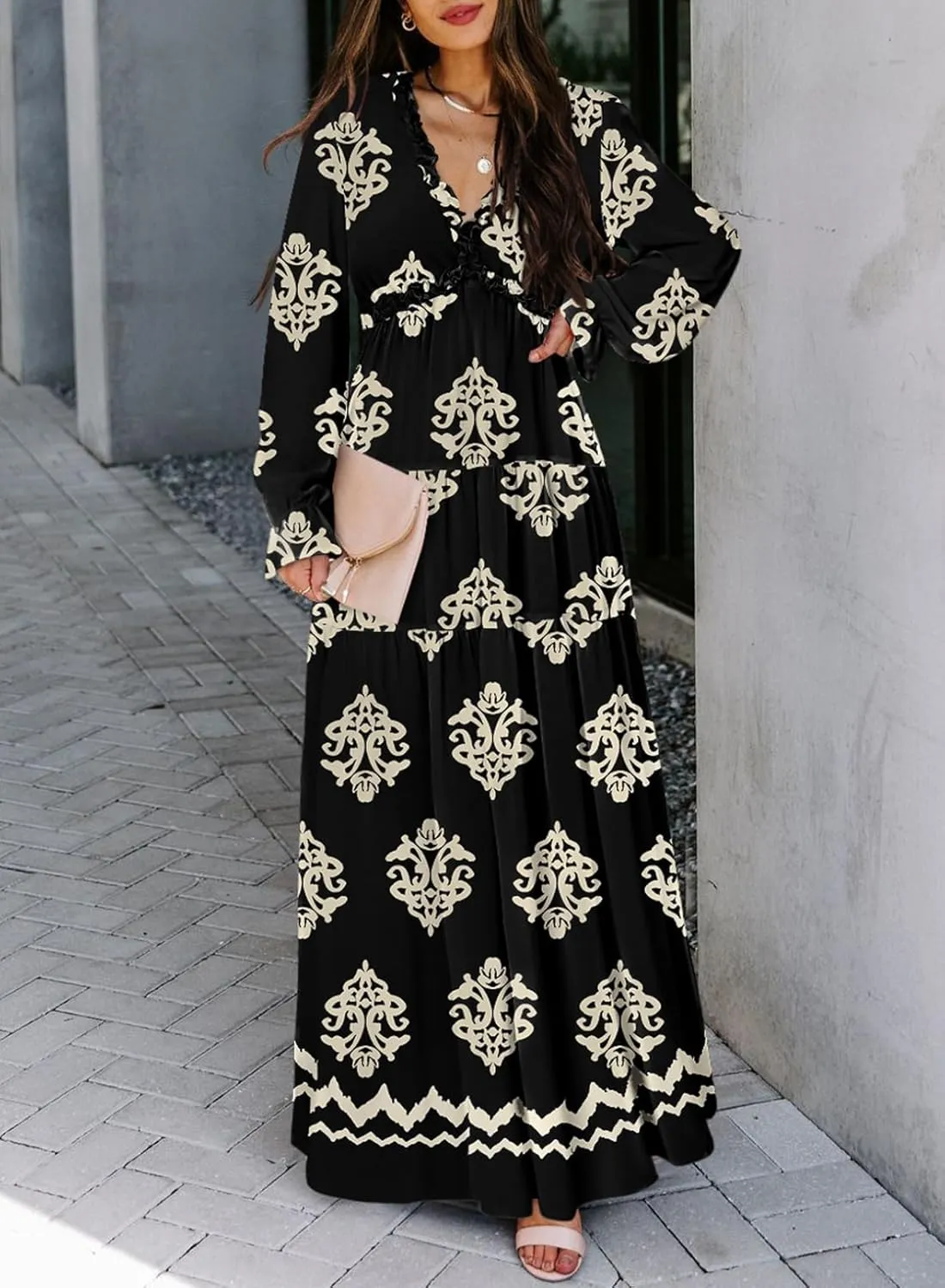 BLENCOT Womens Casual Boho Deep V Neck Short Sleeve Long Dress
