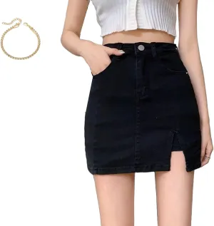 Bloomy Jean Skorts, Woman High Waisted Casual Denim Skirt Side Split Mini Skirts, Bloomy MiniSkorts