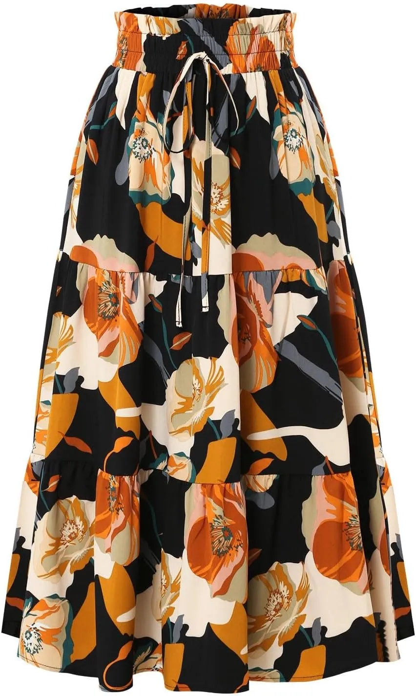 Boho Maxi Skirts for Women Drawstring Waist Tiered Ruffle Long Floral Skirt Bohemian Dressy Casual A Line Flowy Skirt