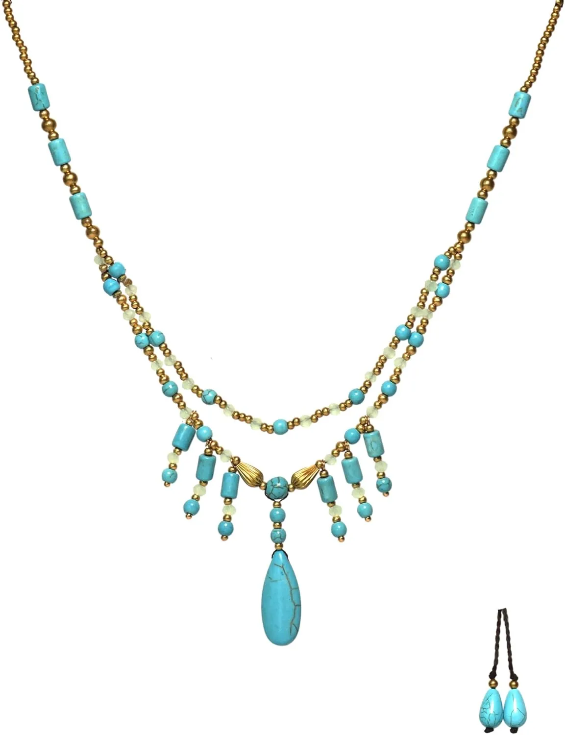 Boho Turquoise Bead strand Necklace with waterdrop pendantGold Accents & Adjustable Chain  Handcrafted Layered Jewelry Gift for Women, Mom, Wife