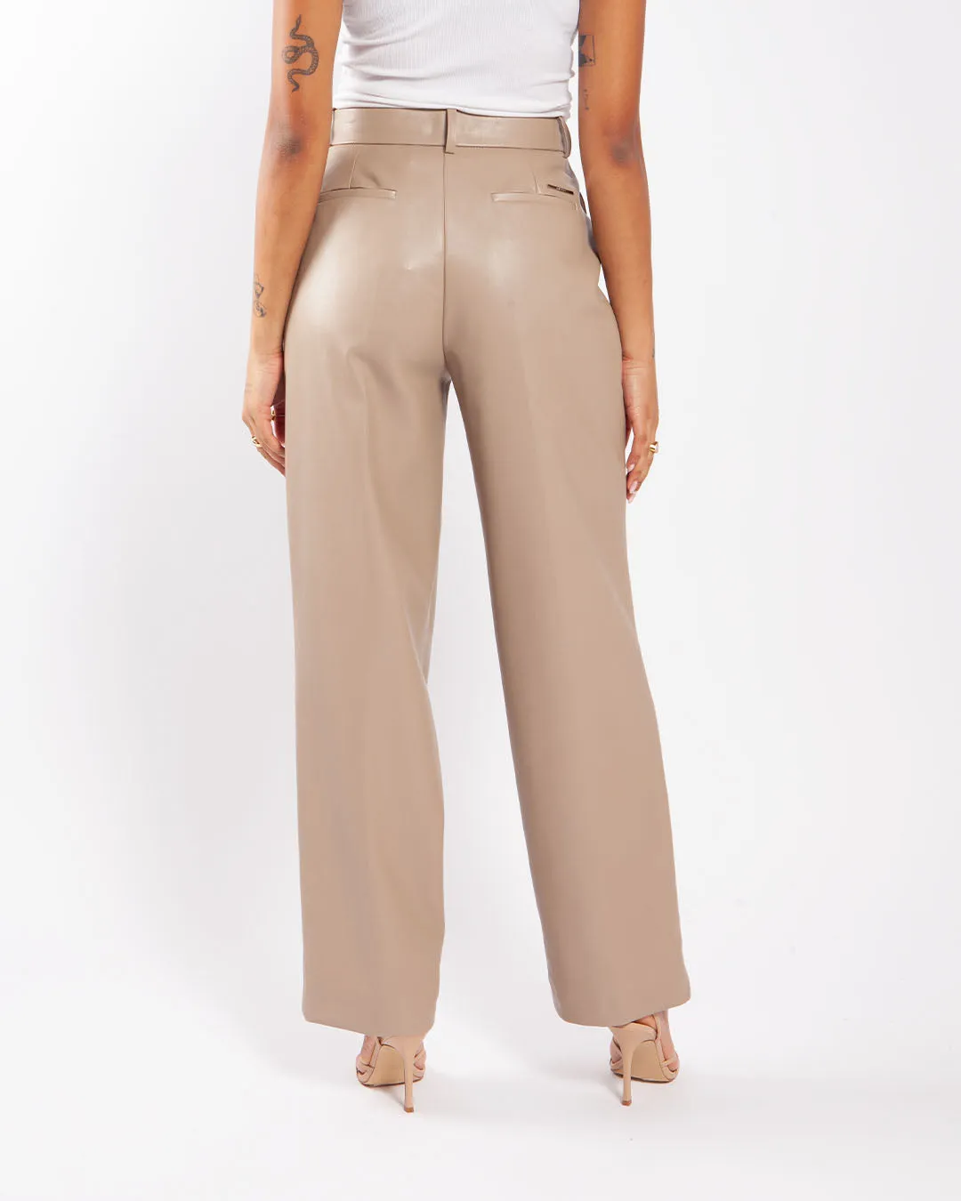 Calvin Klein Leather Straight Pants Neutral Taupe