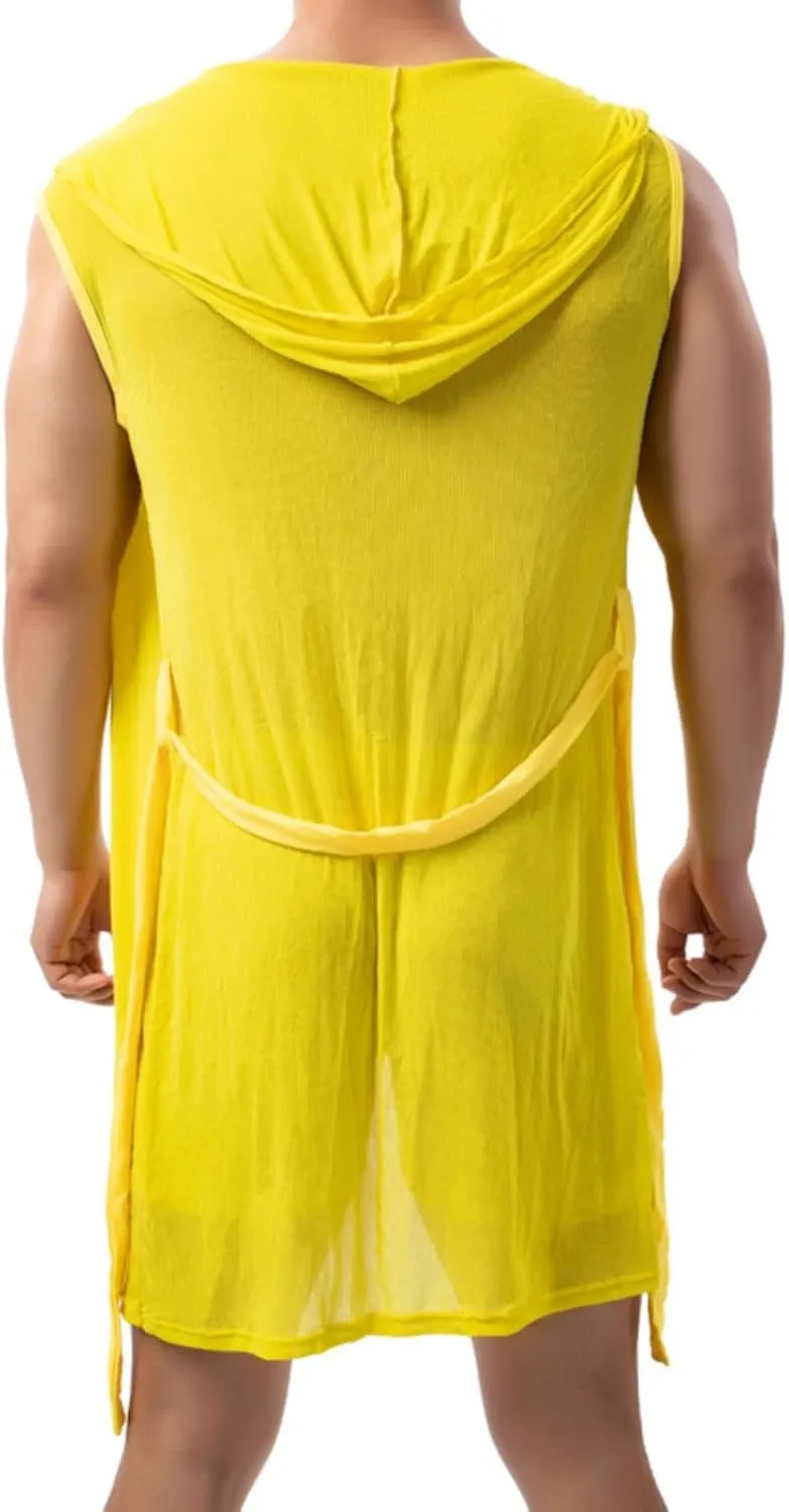 Cambkatl Men's Mesh Sheer Sexy Sleeveless Summer Robe Hooded Bathrobe Nightwear