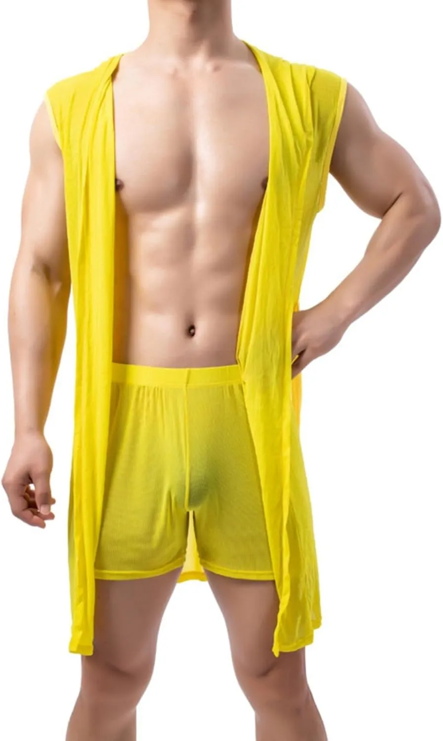 Cambkatl Men's Mesh Sheer Sexy Sleeveless Summer Robe Hooded Bathrobe Nightwear