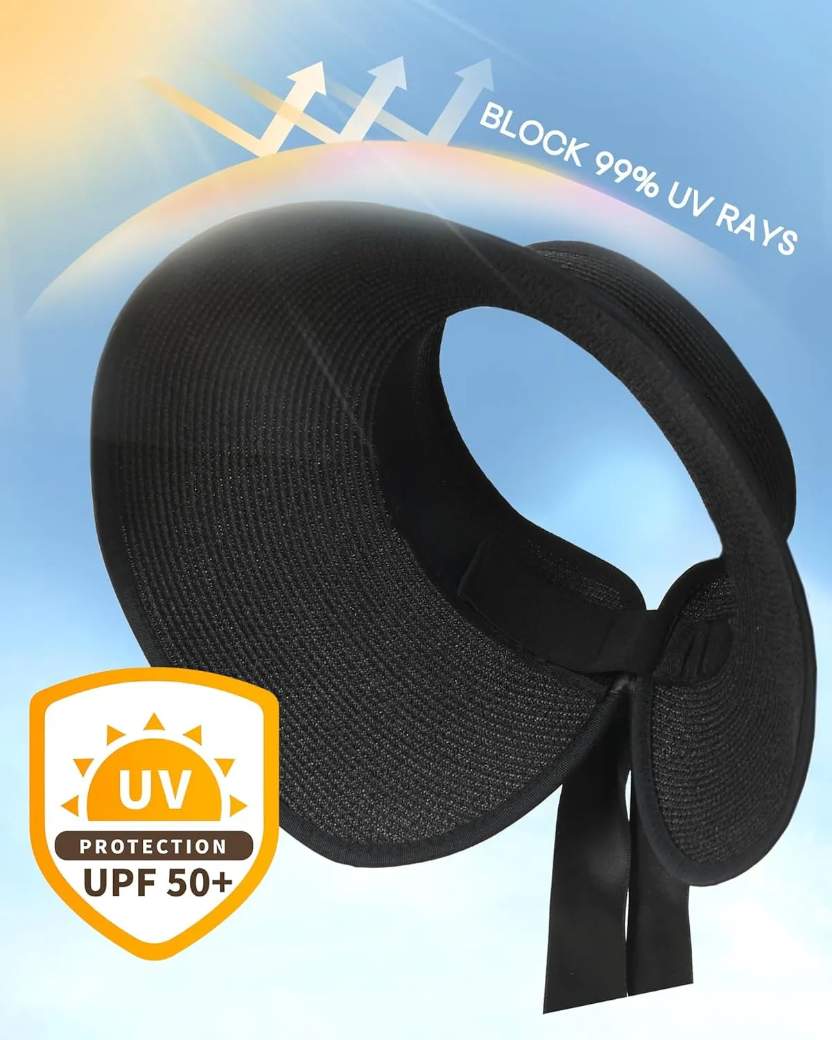 Camptrace Sun Visors for Women Wide Brim Beach Hat Foldable Straw Visor Hat Ponytail Summer Packable UPF 50 