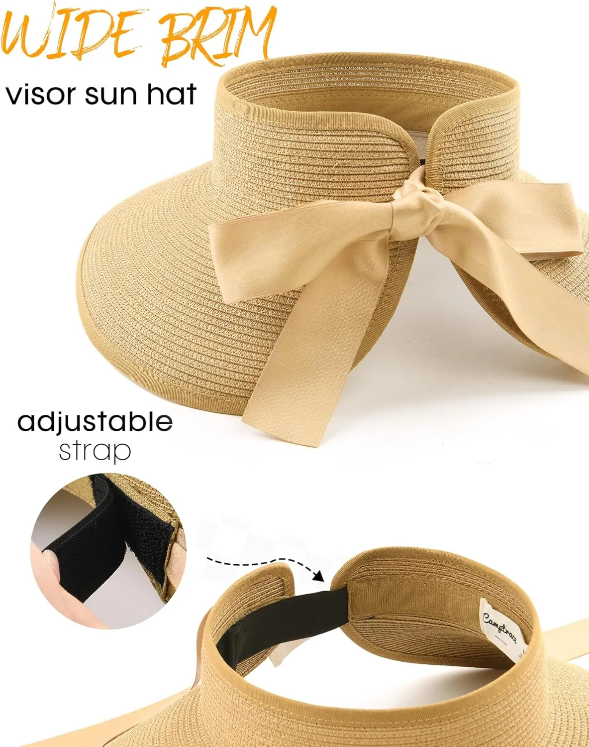 Camptrace Sun Visors for Women Wide Brim Beach Hat Foldable Straw Visor Hat Ponytail Summer Packable UPF 50 