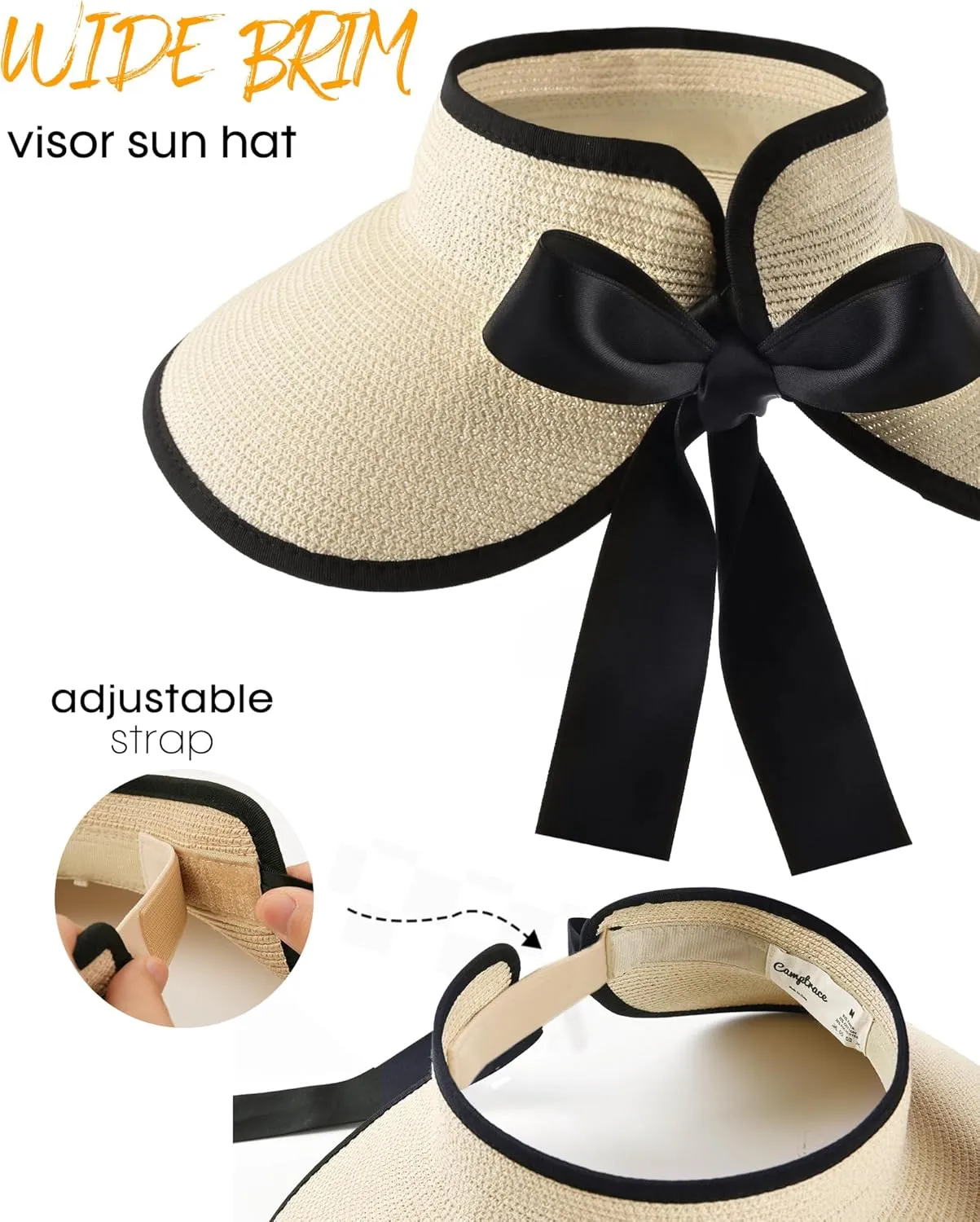 Camptrace Sun Visors for Women Wide Brim Beach Hat Foldable Straw Visor Hat Ponytail Summer Packable UPF 50 