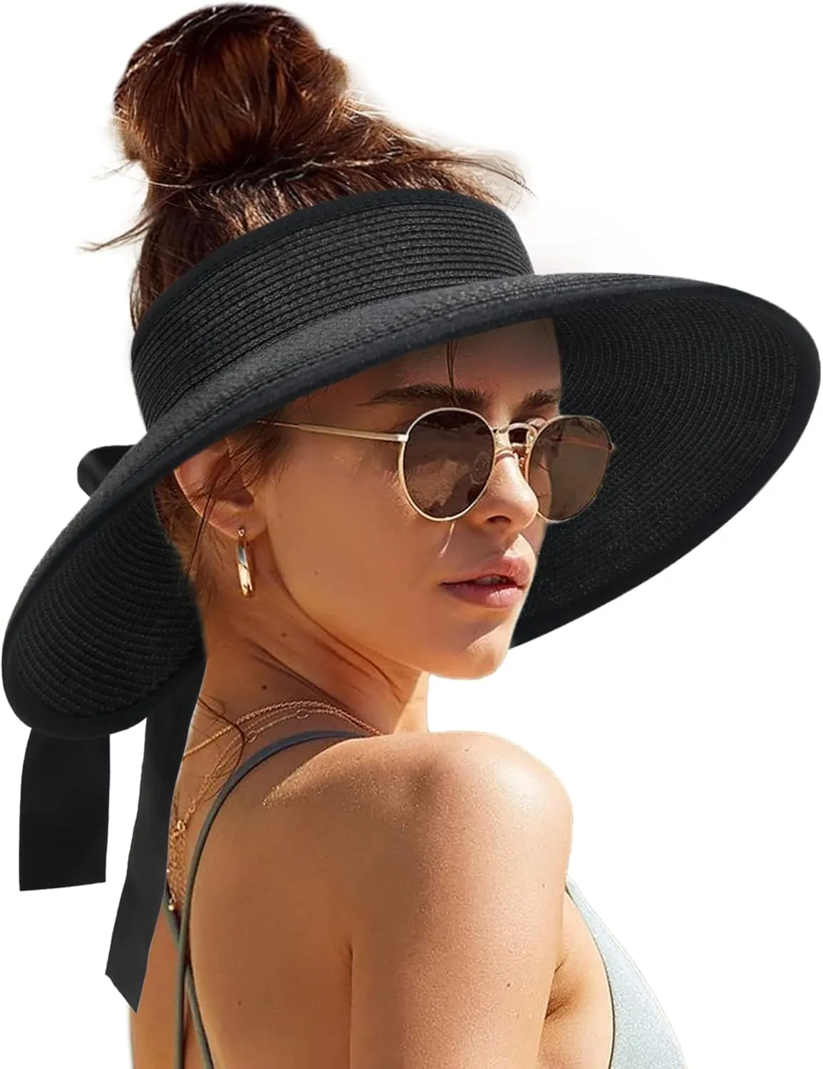 Camptrace Sun Visors for Women Wide Brim Beach Hat Foldable Straw Visor Hat Ponytail Summer Packable UPF 50 