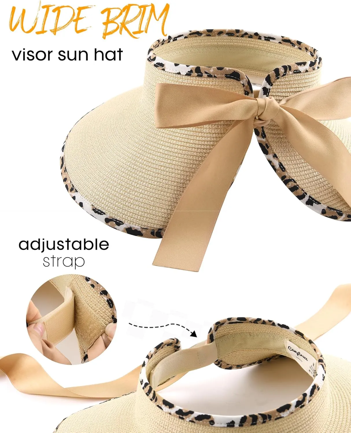Camptrace Sun Visors for Women Wide Brim Beach Hat Foldable Straw Visor Hat Ponytail Summer Packable UPF 50 