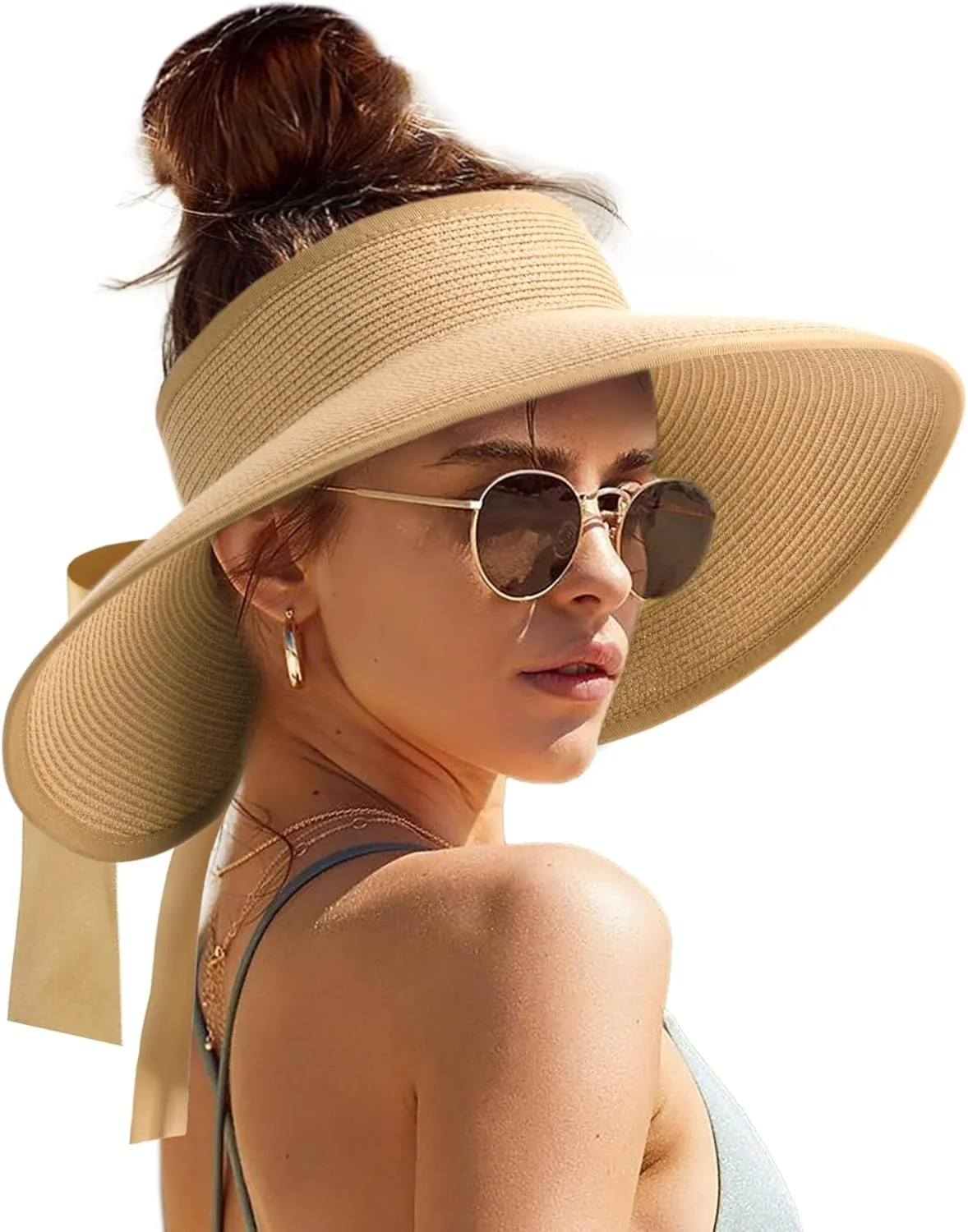 Camptrace Sun Visors for Women Wide Brim Beach Hat Foldable Straw Visor Hat Ponytail Summer Packable UPF 50 