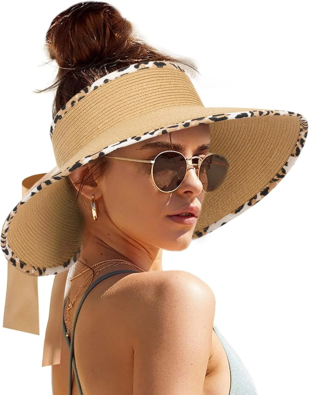 Camptrace Sun Visors for Women Wide Brim Beach Hat Foldable Straw Visor Hat Ponytail Summer Packable UPF 50 