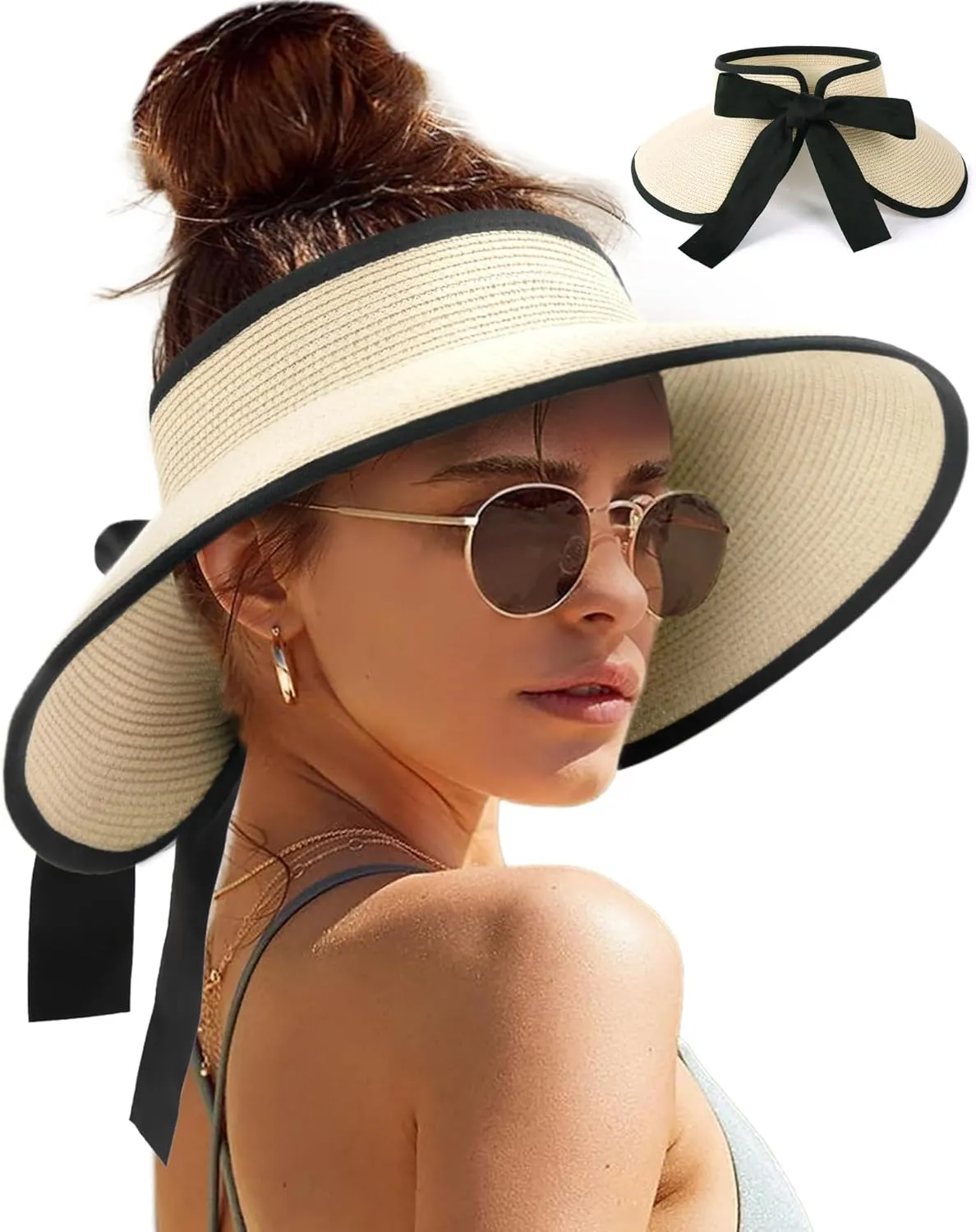 Camptrace Sun Visors for Women Wide Brim Beach Hat Foldable Straw Visor Hat Ponytail Summer Packable UPF 50 