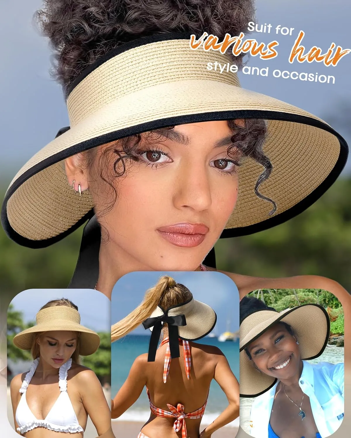 Camptrace Sun Visors for Women Wide Brim Beach Hat Foldable Straw Visor Hat Ponytail Summer Packable UPF 50 