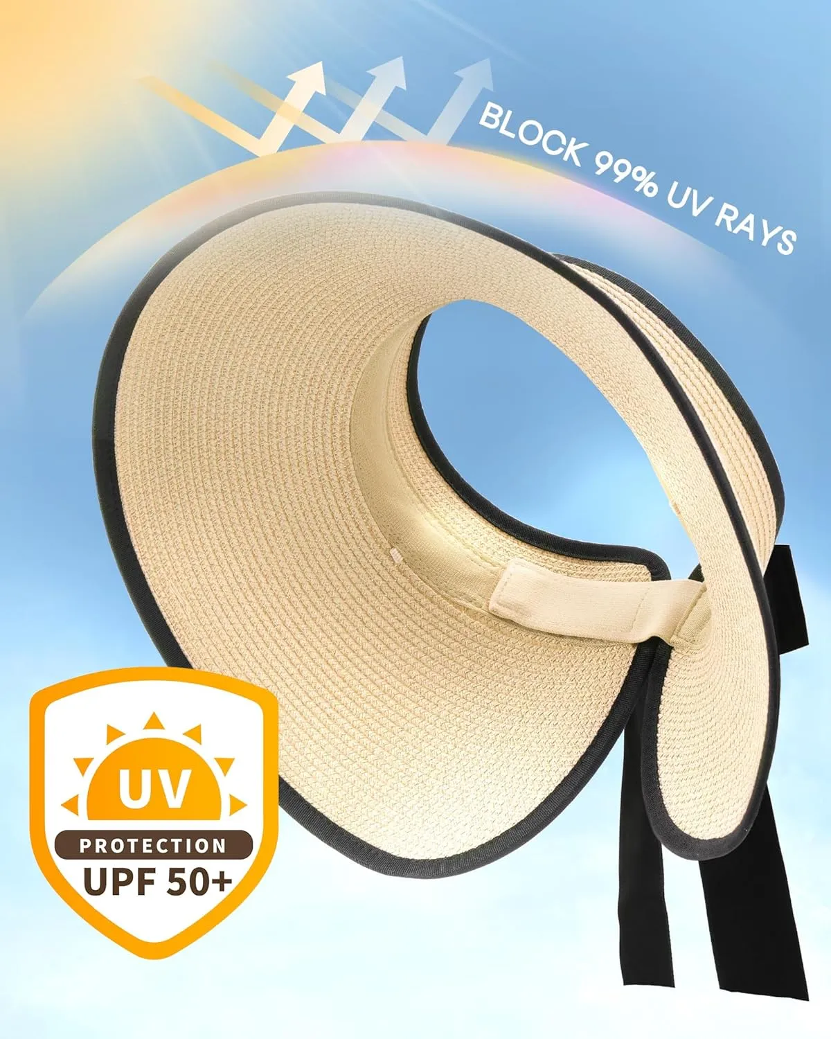Camptrace Sun Visors for Women Wide Brim Beach Hat Foldable Straw Visor Hat Ponytail Summer Packable UPF 50 