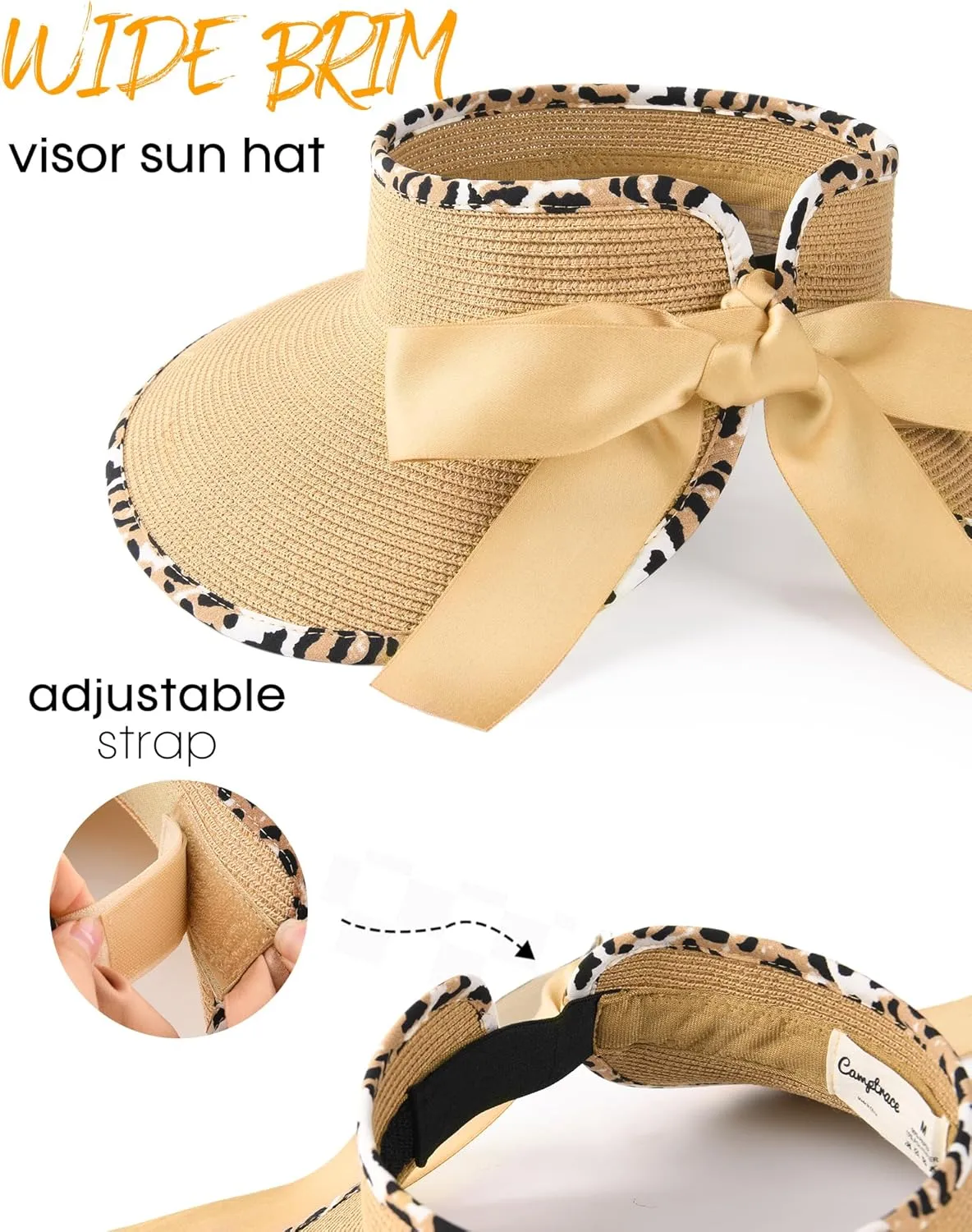 Camptrace Sun Visors for Women Wide Brim Beach Hat Foldable Straw Visor Hat Ponytail Summer Packable UPF 50 