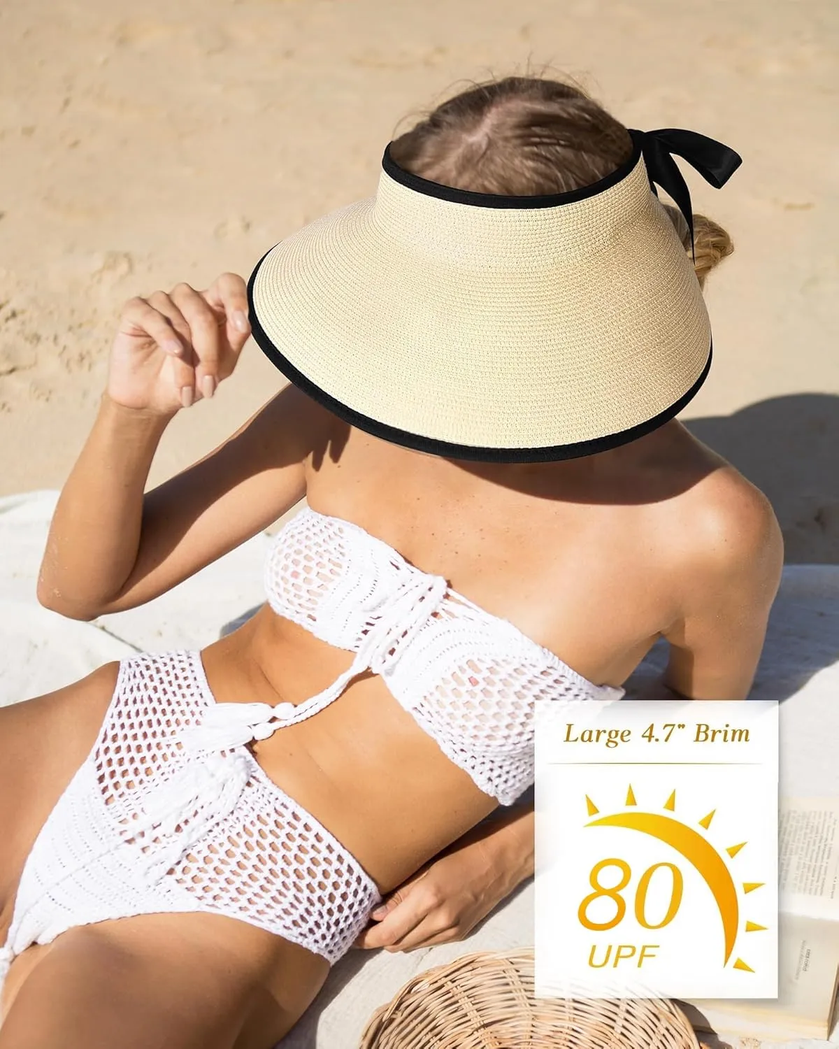 Camptrace Sun Visors for Women Wide Brim Beach Hat Foldable Straw Visor Hat Ponytail Summer Packable UPF 50 