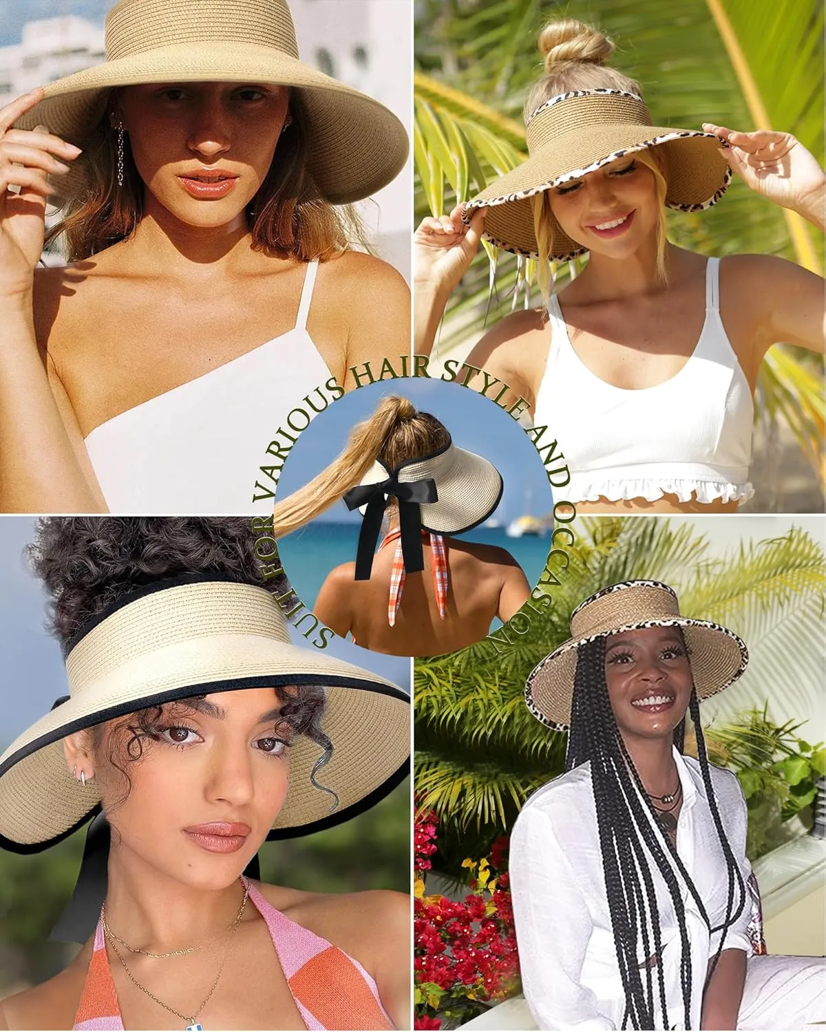 Camptrace Sun Visors for Women Wide Brim Beach Hat Foldable Straw Visor Hat Ponytail Summer Packable UPF 50 