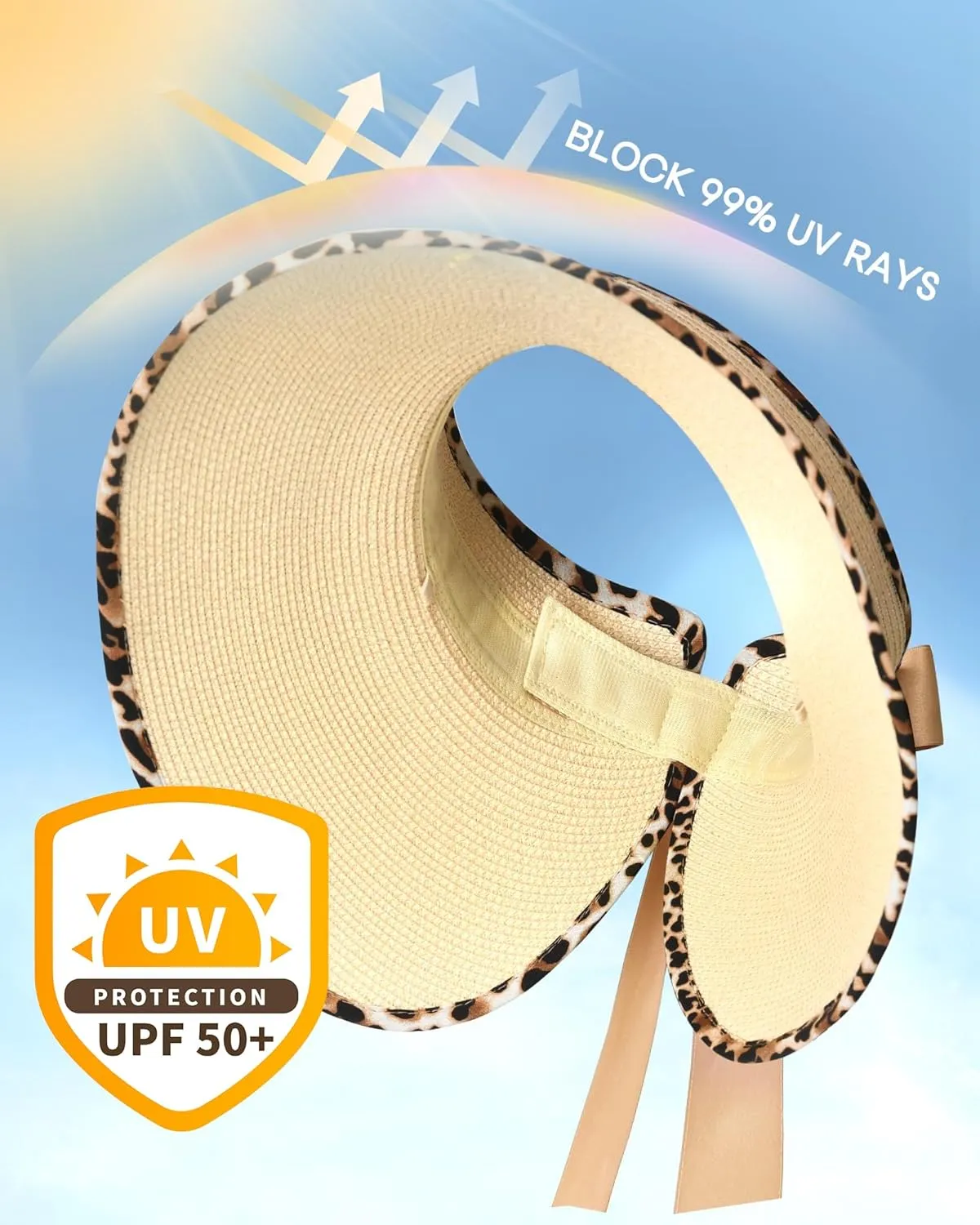 Camptrace Sun Visors for Women Wide Brim Beach Hat Foldable Straw Visor Hat Ponytail Summer Packable UPF 50 