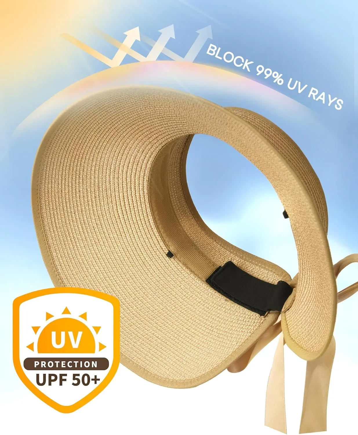 Camptrace Sun Visors for Women Wide Brim Beach Hat Foldable Straw Visor Hat Ponytail Summer Packable UPF 50 