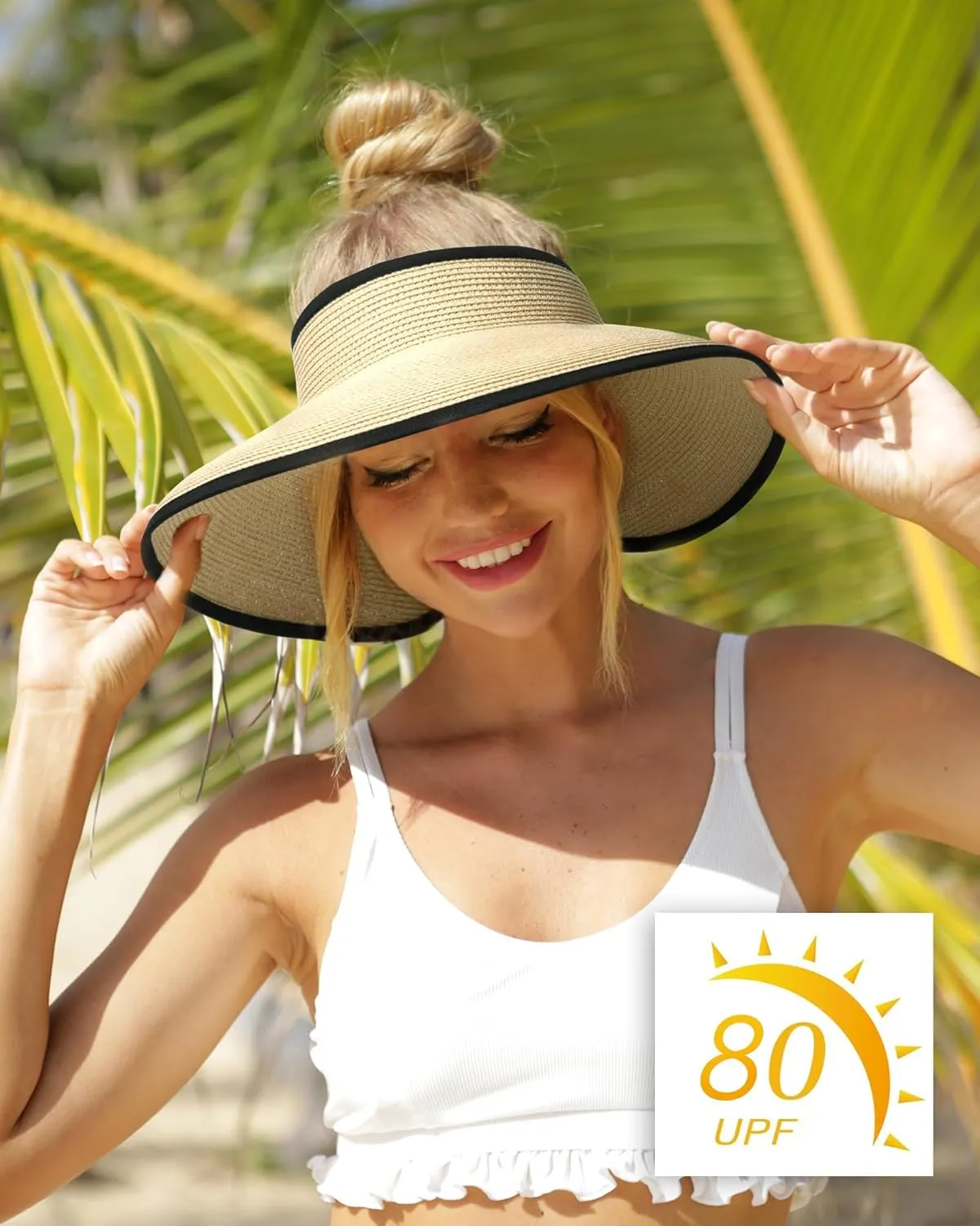 Camptrace Sun Visors for Women Wide Brim Beach Hat Foldable Straw Visor Hat Ponytail Summer Packable UPF 50 