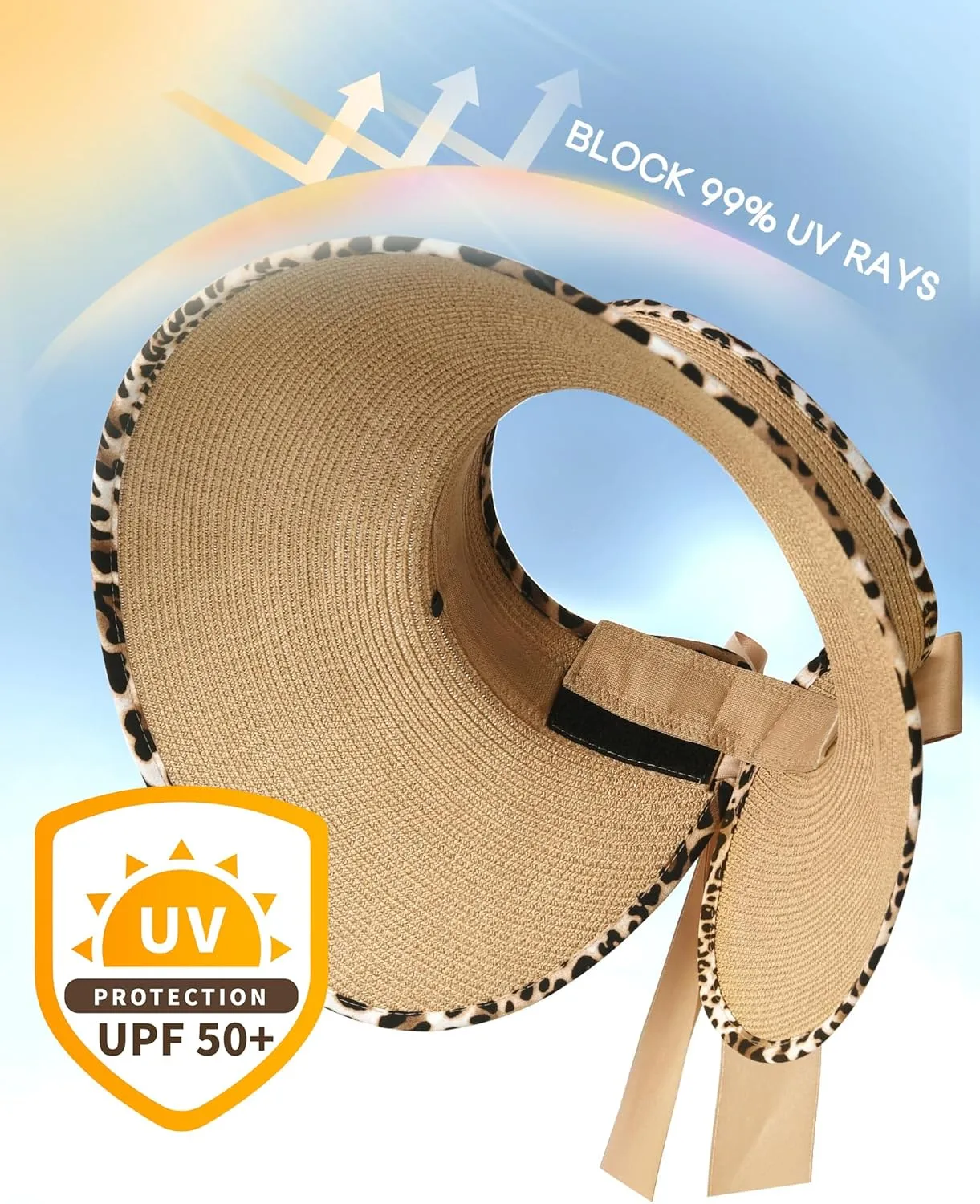 Camptrace Sun Visors for Women Wide Brim Beach Hat Foldable Straw Visor Hat Ponytail Summer Packable UPF 50 