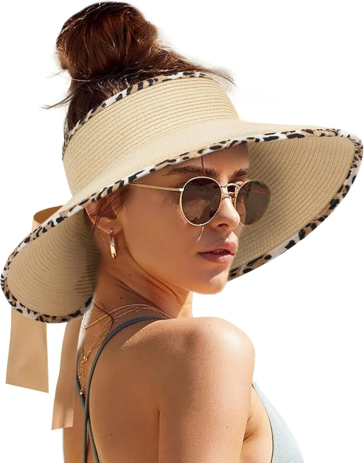 Camptrace Sun Visors for Women Wide Brim Beach Hat Foldable Straw Visor Hat Ponytail Summer Packable UPF 50 