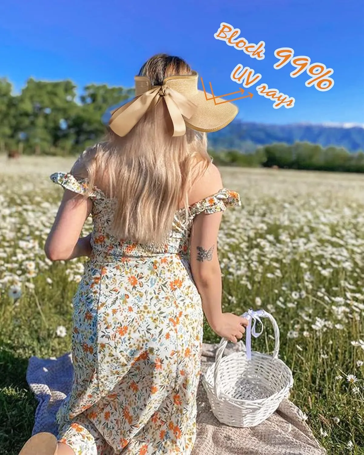 Camptrace Sun Visors for Women Wide Brim Beach Hat Foldable Straw Visor Hat Ponytail Summer Packable UPF 50 