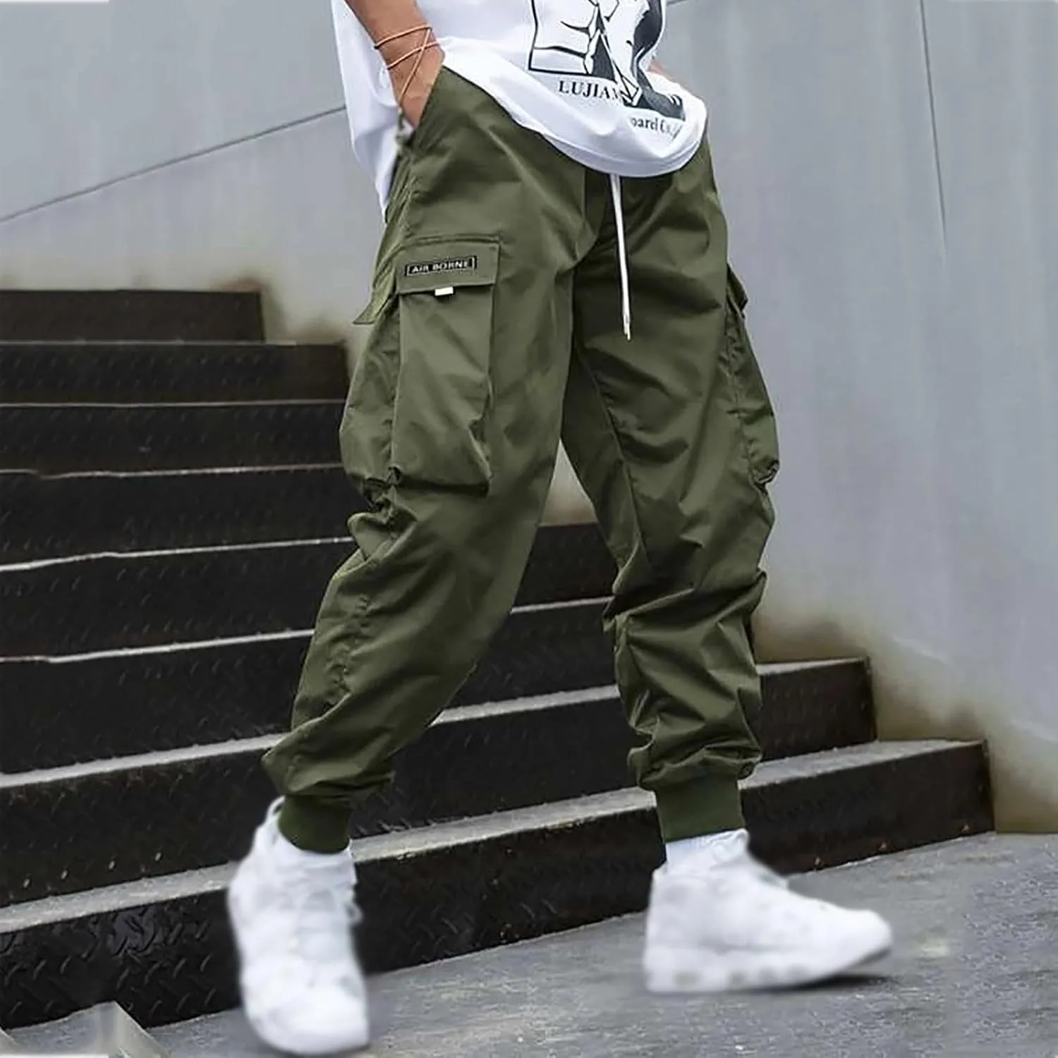 Casual Cargo Pants for Men Elastic Waist Relaxed Fit Trousers Hiking Joggers Athletic Pants with Multi Pockets