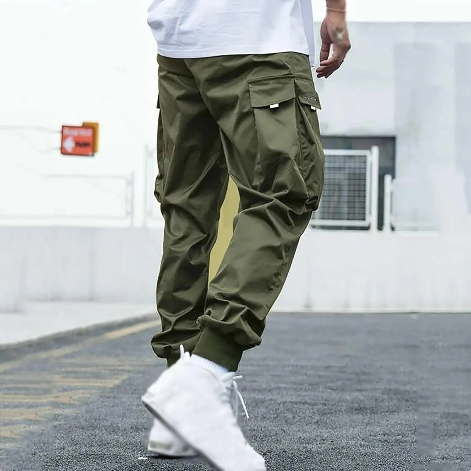 Casual Cargo Pants for Men Elastic Waist Relaxed Fit Trousers Hiking Joggers Athletic Pants with Multi Pockets