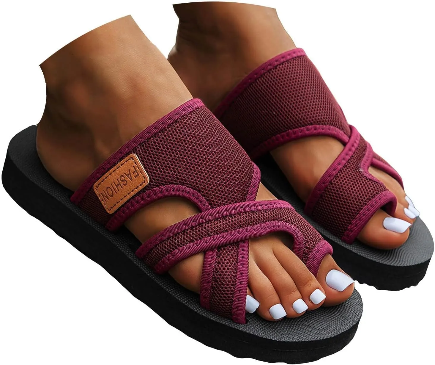 Cathalem Breathable Mesh Slide Sandals For Women Hollow Mesh Slide Sandals With Toe Loop Summer Casual Mesh Flats Slippers