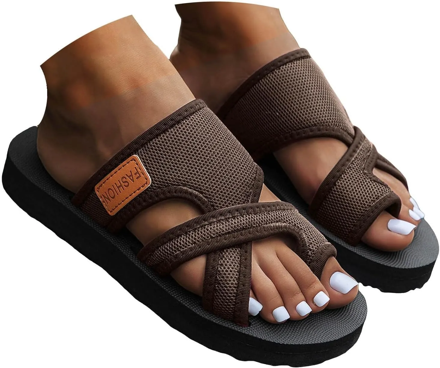 Cathalem Breathable Mesh Slide Sandals For Women Hollow Mesh Slide Sandals With Toe Loop Summer Casual Mesh Flats Slippers