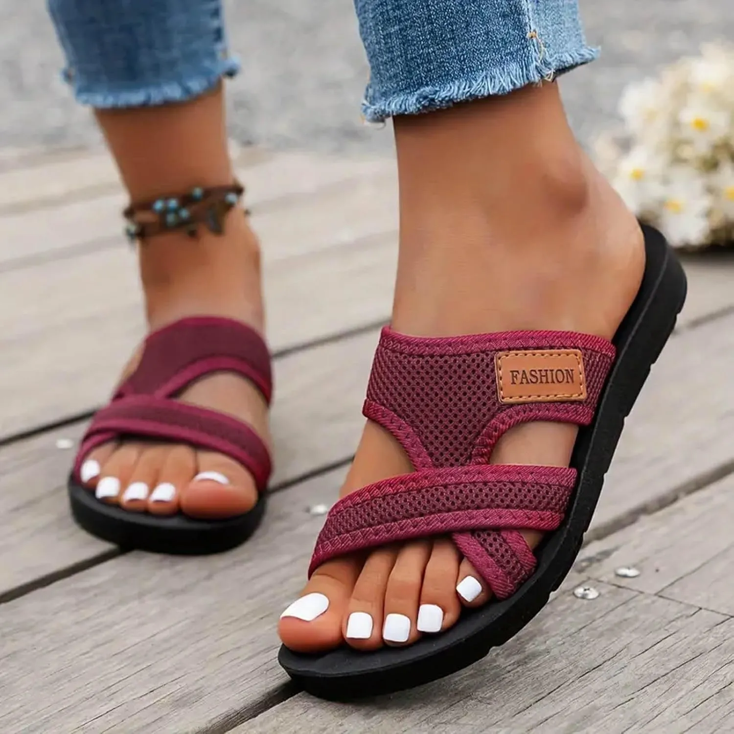 Cathalem Breathable Mesh Slide Sandals For Women Hollow Mesh Slide Sandals With Toe Loop Summer Casual Mesh Flats Slippers