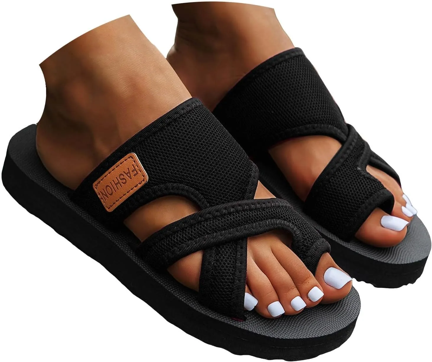Cathalem Breathable Mesh Slide Sandals For Women Hollow Mesh Slide Sandals With Toe Loop Summer Casual Mesh Flats Slippers