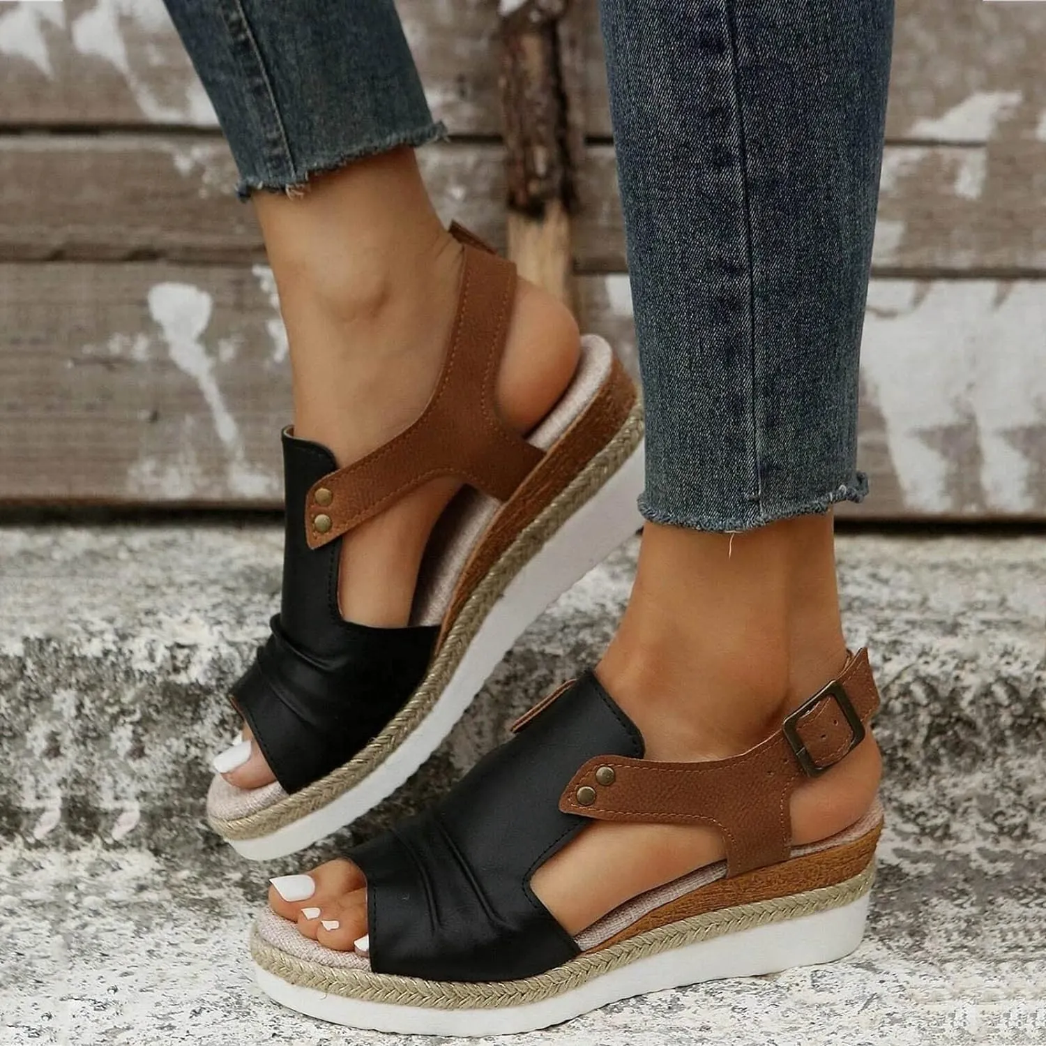 Cathalem Orthopedic Wedge Sandals for Women Summer Dressy Flat Open Toe Ankle Strap Platform Sandals Slip on Sandals Beach Comfortable Shoes