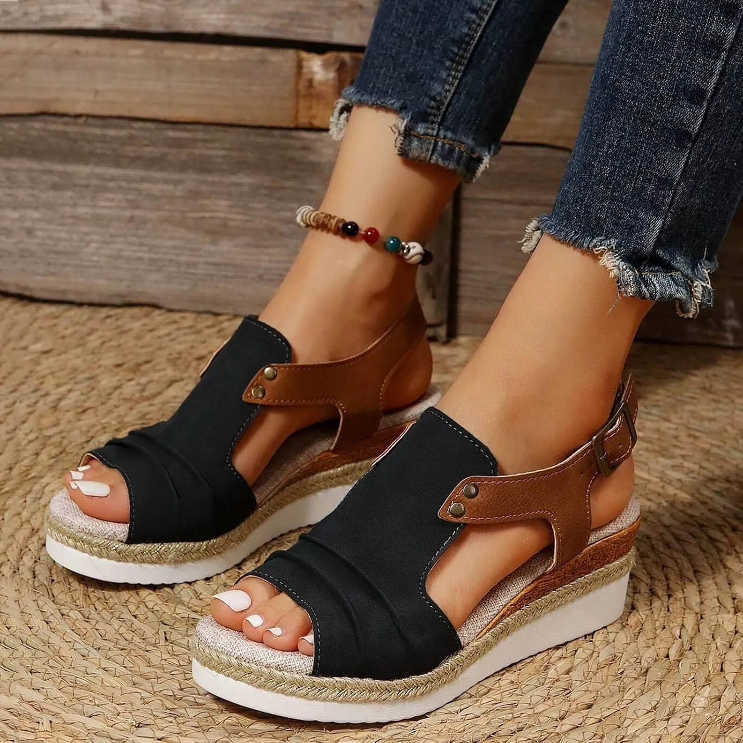 Cathalem Orthopedic Wedge Sandals for Women Summer Dressy Flat Open Toe Ankle Strap Platform Sandals Slip on Sandals Beach Comfortable Shoes