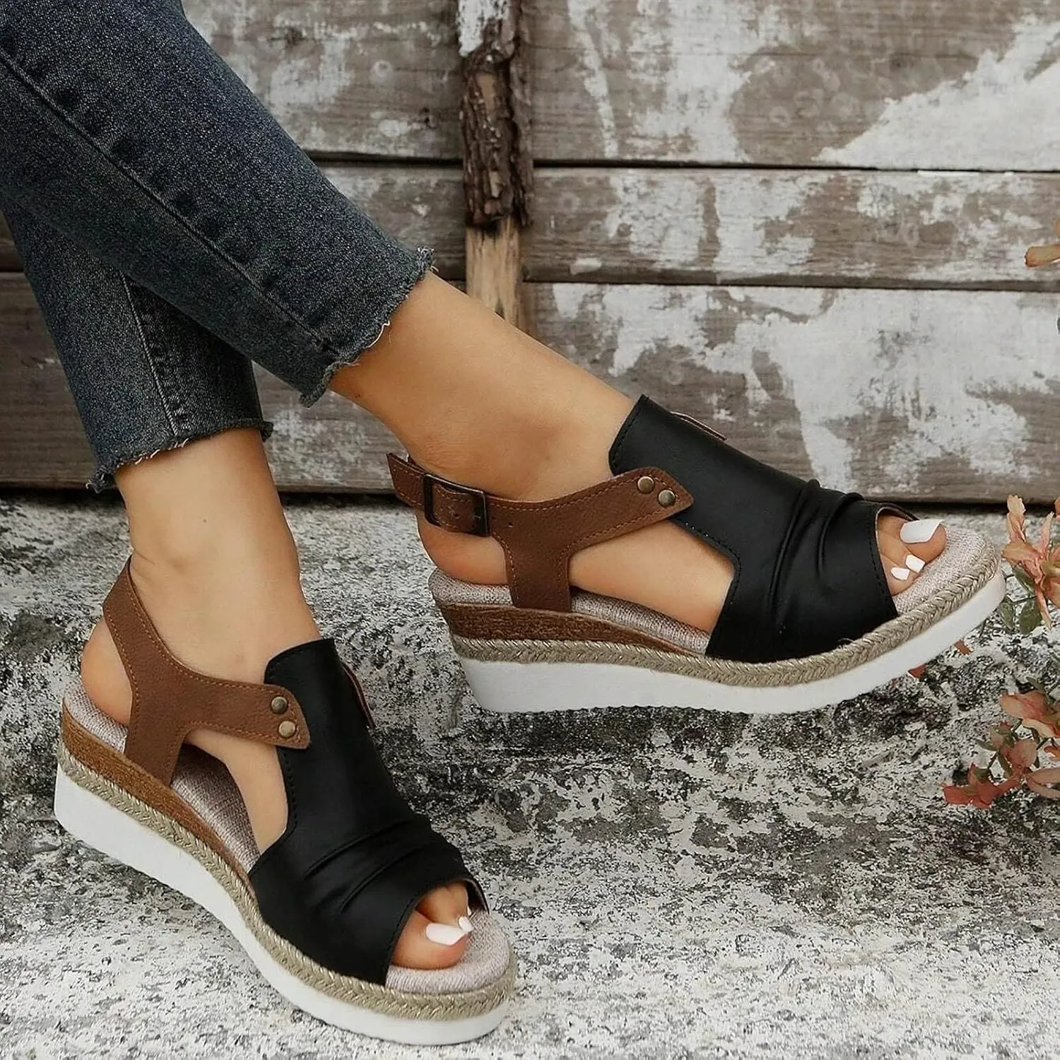 Cathalem Orthopedic Wedge Sandals for Women Summer Dressy Flat Open Toe Ankle Strap Platform Sandals Slip on Sandals Beach Comfortable Shoes
