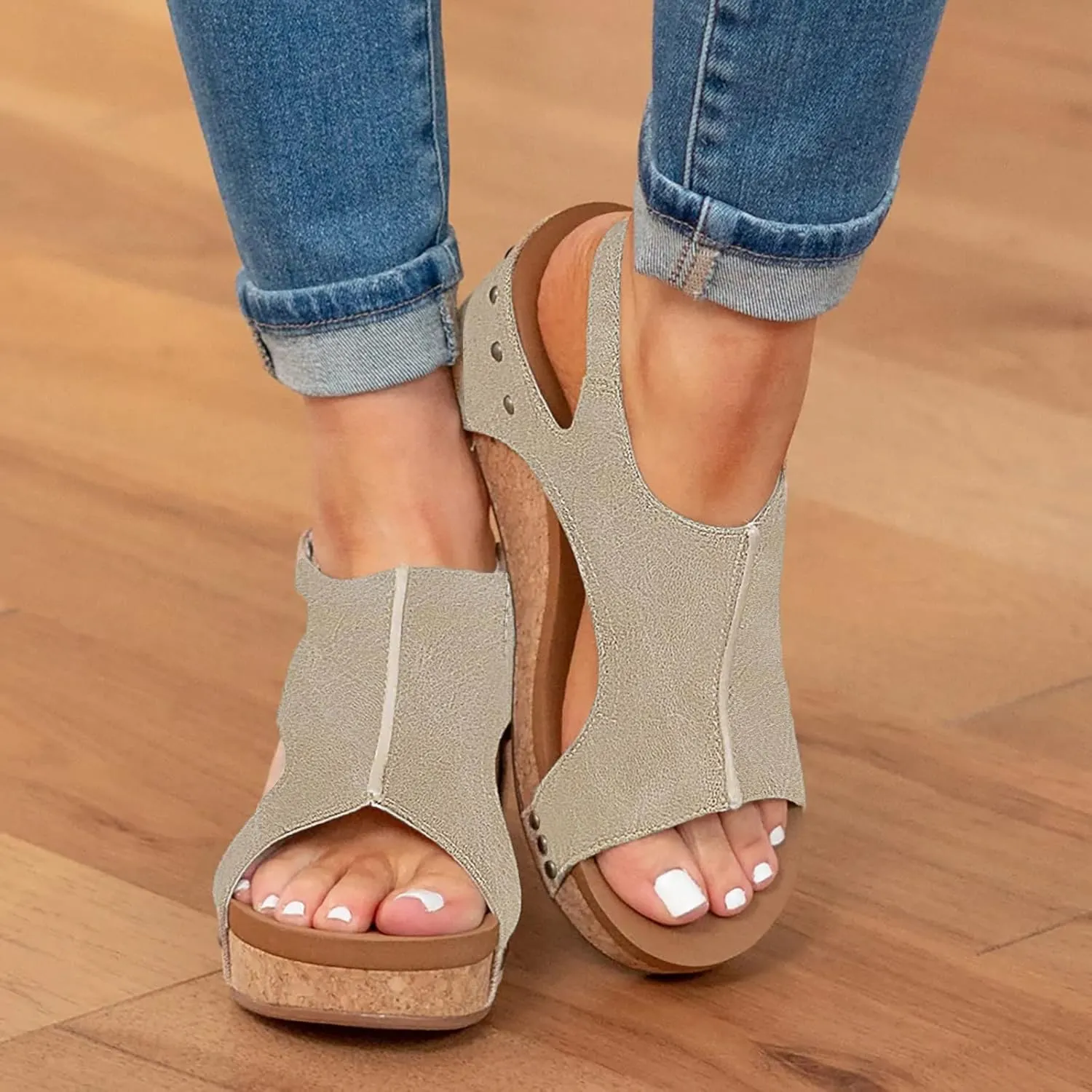 Cathalem Summer Sandals for Women 2024,Summer Platform Cork Wedges Espadrille Heel Strappy Leather Arch Support Sandals